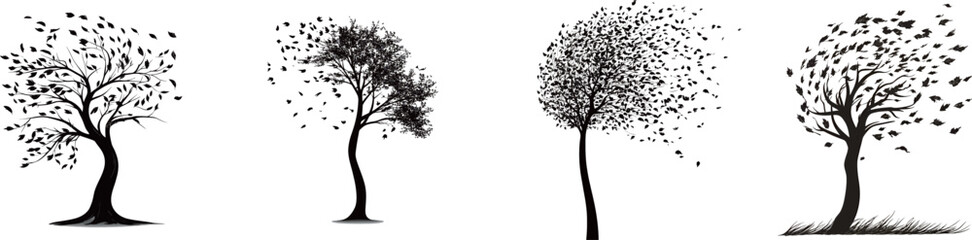 Illustration of four trees transitioning through the seasons.