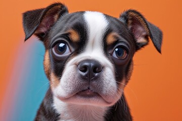 Adorable Boston Terrier Puppy on Vibrant Orange Background