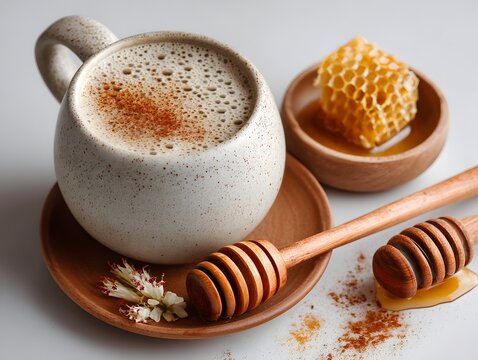 A warm creamy latte topped with cinnamon sits beside a small bowl of honey and wooden honey dippers on a saucer.
