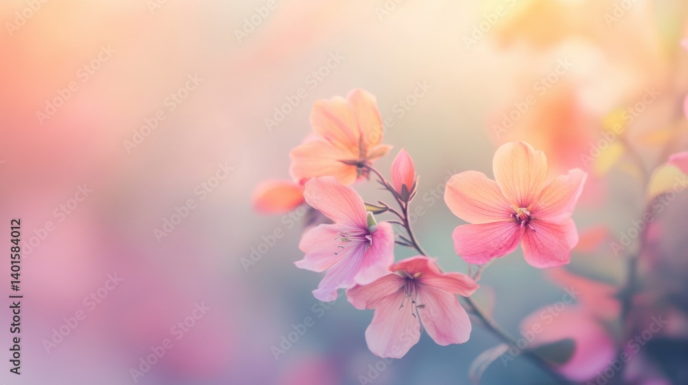 Poster Soft bokeh of out-of-focus flowers on a pastel gradient background creating a dreamy and tranquil atmosphere in a serene garden setting
