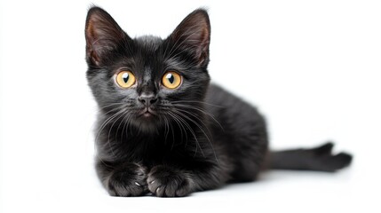 A striking black kitten with captivating golden eyes rests serenely, its sleek fur creating a beautiful contrast against the light background