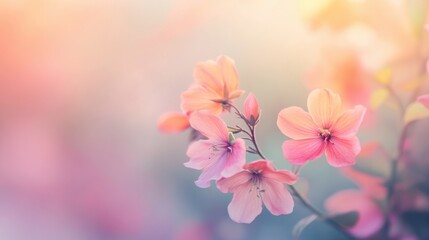 Soft bokeh of out-of-focus flowers on a pastel gradient background creating a dreamy and tranquil atmosphere in a serene garden setting