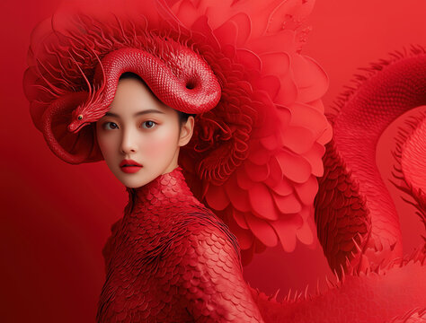 Asian woman adorned in dragon inspired red attire in lunar new year