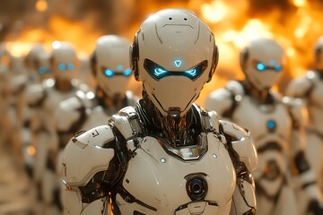 Fototapeta premium Robotic army amidst fire.