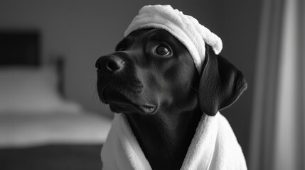 A black Labrador Retriever wearing a white towel as a headwrap and draped around its shoulders, looking contemplative