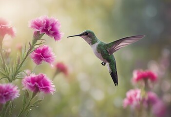 Fototapeta premium three dianthus hummingbird beak iridescent flight hover floating bird annual humming feeding flying garden bud flora fragrant float backyard green foliage clean feather bloom maroon floral flower