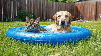 A playful cat and a friendly dog enjoy a sunny day in a blue kiddie pool, surrounded by green grass and a wooden fence.
