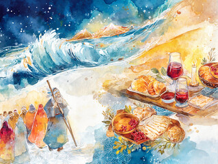 Fototapeta premium A vibrant watercolor depiction of the biblical story of the exodus of the Jews from Egypt