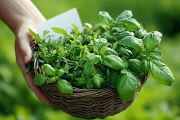 Naklejka premium A hand holds a rustic basket packed with fresh, vivid herbs like parsley and dill. The kitchen, filled with natural light and a warm atmosphere, is perfect for those passionate about cooking