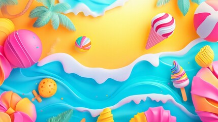 Colorful Beach Scene With Summer Elements and Relaxing Atmosphere Featuring Bright Sun, Waves, and Playful Objects