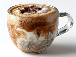 A delicious creamy cappuccino in a clear glass mug with swirling milk art and chocolate shavings sits on a white background.