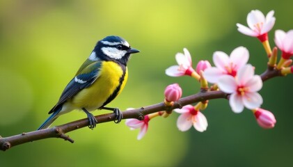 Vibrant great tit on flowering branch, idyllic spring scene , spring blossom, green, blossom