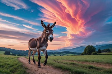 Happy Donkey Discovering Colorful Cloudscapes in a Scenic Countryside