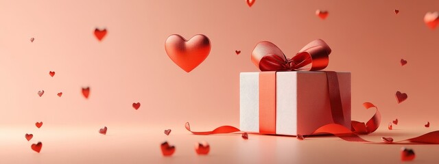 Obraz premium Gift Box Surrounded by Floating Hearts Creates a Romantic Atmosphere Ideal for Celebrating Love and Special Occasions