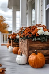 A delightful arrangement features pumpkins of different sizes, accompanied by vibrant yellow sunflowers and dainty white flowers, all arranged in wooden crates