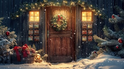 A wooden door with christmas decorations and falling snow