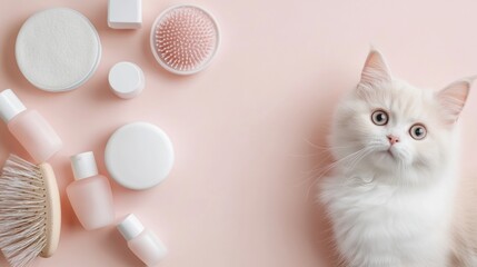 Cat grooming essentials arranged on a pastel background with a curious cat observing the products during a relaxing grooming session
