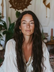 Serene Woman with Long Dark Hair in Natural Setting
