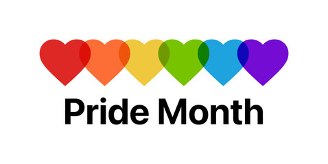 Pride Month text with rainbow hearts. Pride month vector illustration design. LGBTQ pride month illustration with rainbow colours for t-shirt design, poster, web banner, clip art, social media post. 