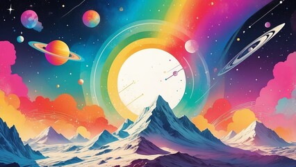 Surreal space landscape in vibrant colors with mountains and planets