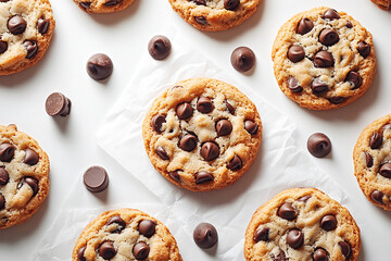 Chocolate chip cookies resting on a sheet of parchment paper, ideal for promoting baking supplies, homemade cookies or baking recipes. Top view.