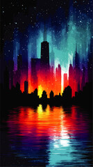 Vibrant Colorful Vector Cityscape Illustration at Night with Skyline Silhouette and Starry Sky Reflected in Beautiful Water Creating Stunning Abstract Urban Artwork