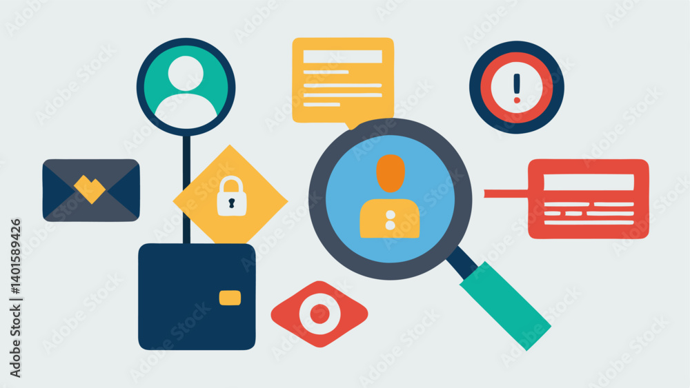 Poster magnifying glass on data a magnifying glass hovering over a collection of personal data icons like c