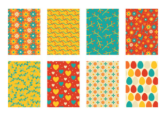 Vector collection of patterns with colorful flowers for decoration and printing of clothes, wallpapers, printing, packaging, etc. Ornaments with plant motifs, hearts and geometric shapes.