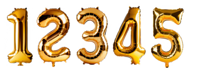 Set de globos inflables con forma de números del 1 al 5, aislados sobre fondo transparente. PNG.