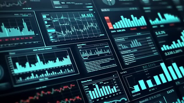 Futuristic array of digital graphs and charts displays data analysis and patterns in a vibrant display