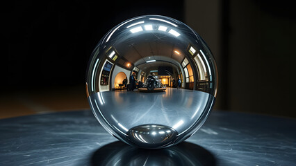 Modern building interior featuring abstract metal circles with white light and audio equipment