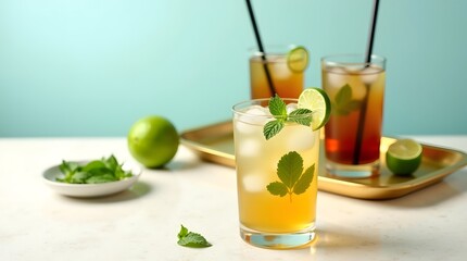 Fototapeta premium Chilled Mojito Cocktails with Mint and Lime on Tray