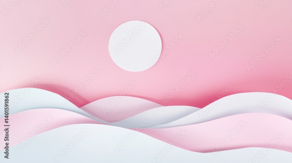 Poster pastel moon rises above gentle hills, creating a tranquil and minimalistic landscape perfect for rel