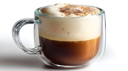 A delicious cappuccino with a thick layer of frothy milk sits in a double-walled glass mug against a bright white background.