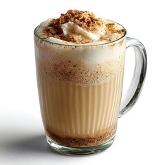 A delicious creamy latte with whipped cream and spiced cookie crumble in a ribbed glass mug is ready to be enjoyed.