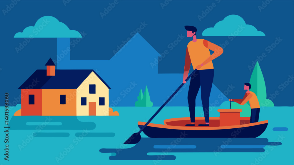 Poster man helping neighbors a man using a makeshift raft to help his neighbors retrieve belongings from a 