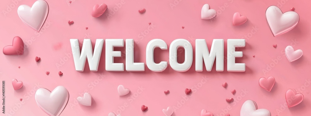 Poster bright and cheerful welcome sign with heart motifs in a playful pink color scheme suitable for event