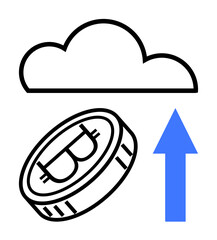Cloud connected to Bitcoin coin and upward arrow, representing digital storage, cryptocurrency transfer, blockchain growth. Ideal for crypto trends, data-driven technology, fintech, cloud computing
