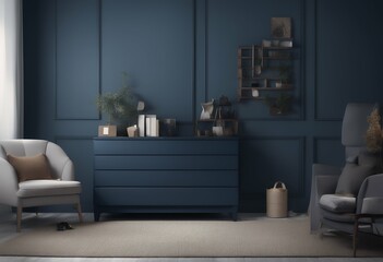 dark mock room chest interior blue wall render living 3d background drawers design lamp classic sofa empty floor up frame blank nobody home scandinavian poster wooden mock-up white chair style couch