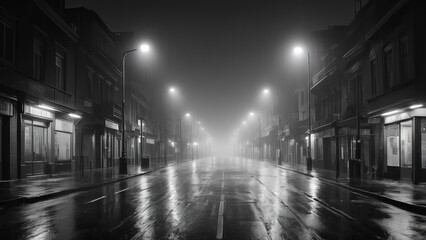 Empty city street at night with wet pavement and streetlights