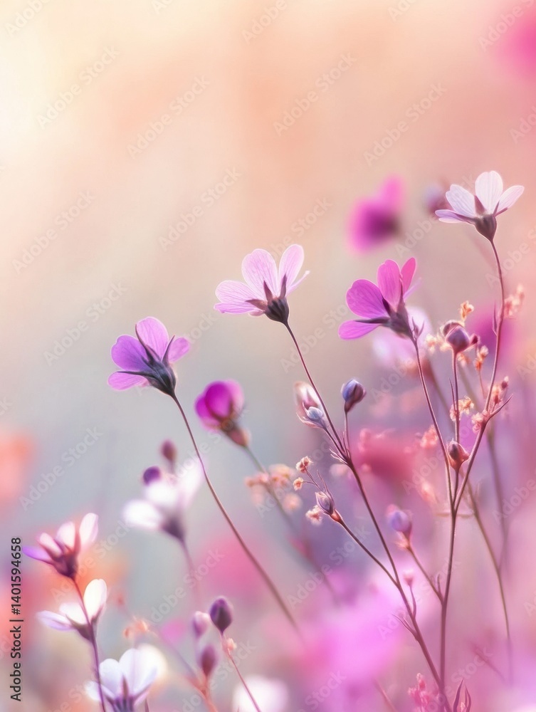 Poster Out-of-focus flowers bloom in soft pastel shades creating a dreamy and serene atmosphere with a beautiful bokeh effect