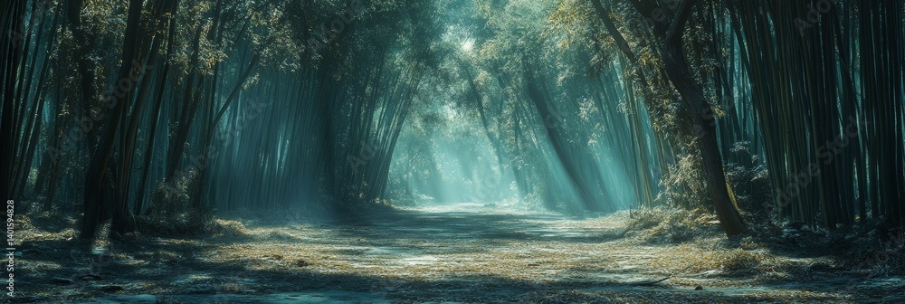 Aufkleber light filters through a bamboo forest creating a serene and tranquil atmosphere full of lush greener