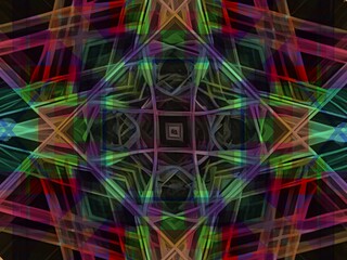 Abstract Kaleidoscope of Colorful intersecting Geometric Lines with light effect. The symmetrical design creates a complex, layered effect with dynamic movement and depth. The intertwining lines form 