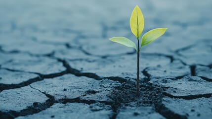A single green sprout emerges from cracked, dry soil, symbolizing hope and resilience in a harsh environment.