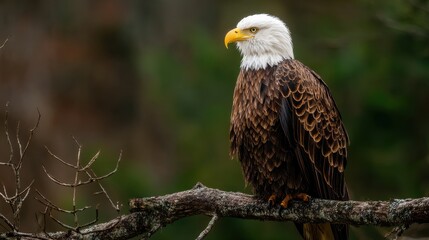Fototapeta premium A bald eagle stands proudly on a branch in a lush forest, its sharp gaze scanning the surroundings. The early morning light highlights its striking features and detailed plumage