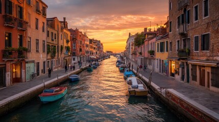 A vibrant sunset paints the sky over a canal in Venice, where charming boats are moored alongside historic buildings. Soft golden light enhances the water's surface