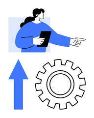 Woman holding a tablet and pointing forward, blue arrow upward, gear symbol for progress, technology, and productivity. Ideal for leadership, teamwork, strategy, growth innovation and success flat