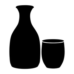 sake bottle and cup black silhouette icon - of a soft drinks sake bottle and cup simple vector art
