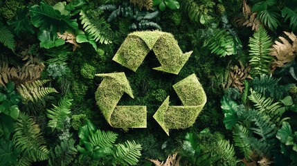 Green Recycling Symbol Made of Moss Surrounded by Lush Foliage Representing Ecological Conservation and Sustainability Practices