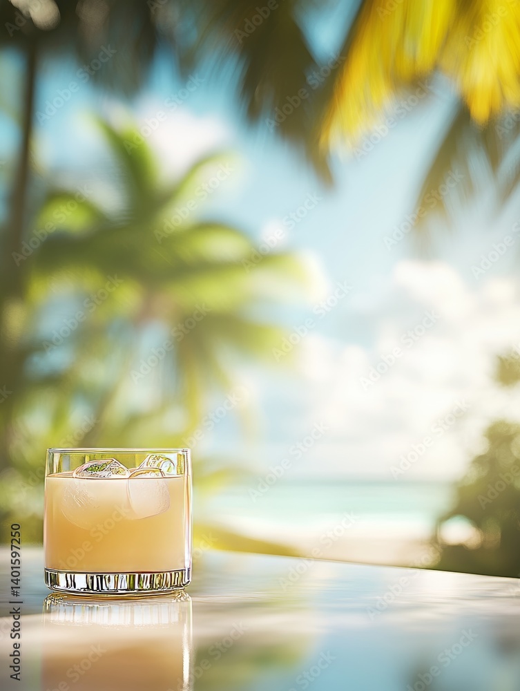 Poster calm tropical sunset view over a beach with palm trees and soft reflections creating a serene atmosp